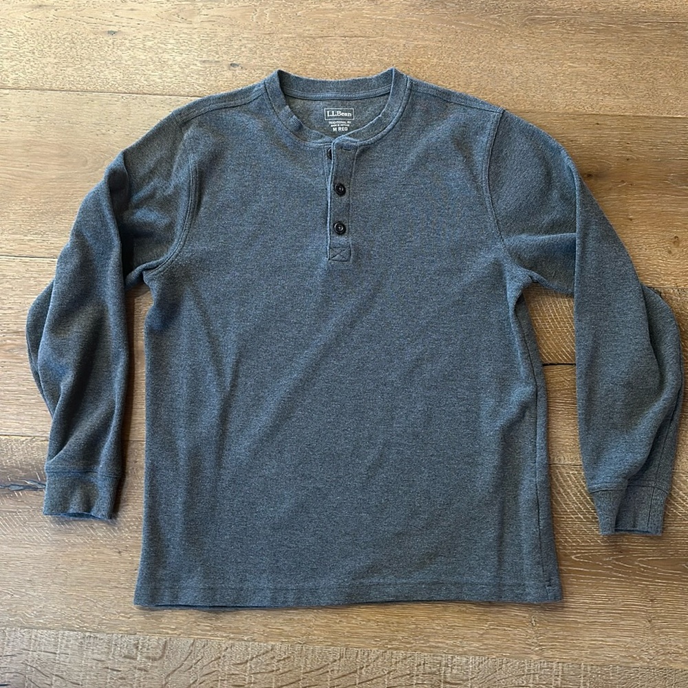 Unshrinkable Mini-Waffle Henley, Long-Sleeve Traditional Fit (Sz Med)